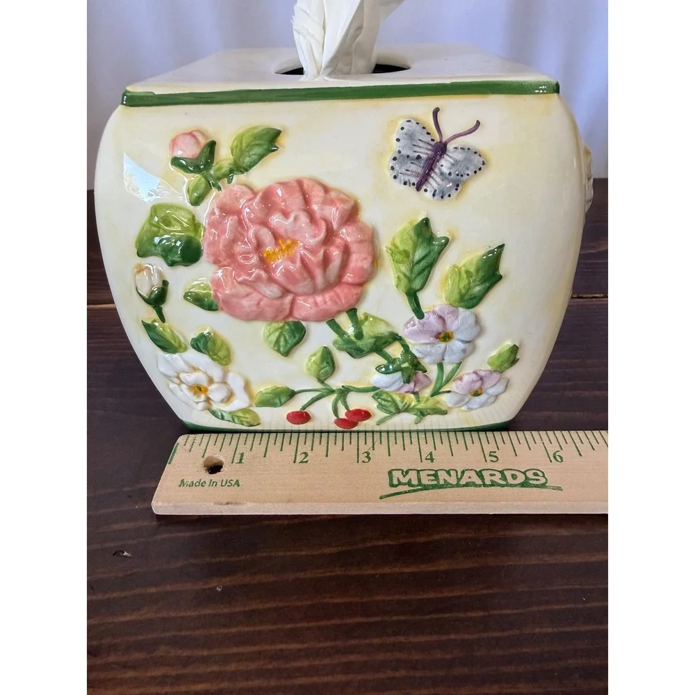 VTG Pamela Gladding Floral Ceramic Tissue Box Cover Butterfly